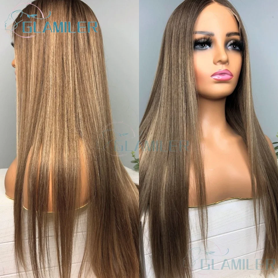 

Brown Blonde Highlight Thin Line Mix Colored Silky Straight Human Hair Silk Top Lace Front Wigs Pre Plucked 360/Full Lace Wigs