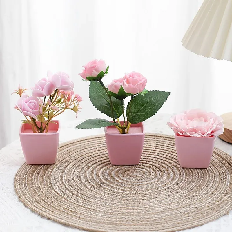 3PCS Simulated Flower Rose Potted Plant, Used Year-Round For Home, Bedroom, Study, Office, Desktop Shelf Decoration