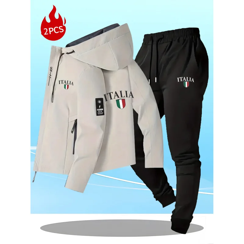 

2026New2pcsMen's soft shell jacket Trousers Suit Italian flag shield pattern printed men's casual sports suit