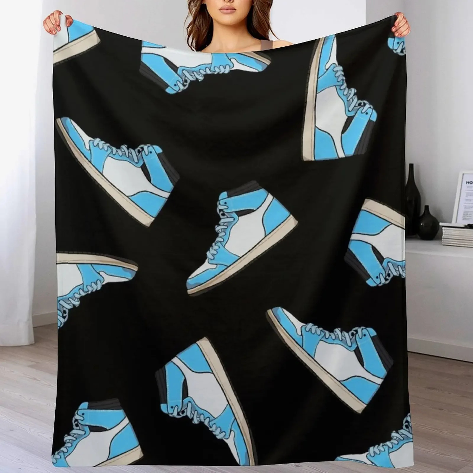 Blue and white high top sneaker pattern - black background Throw Blanket Cute Decorative Sofas Bed covers Custom Blankets