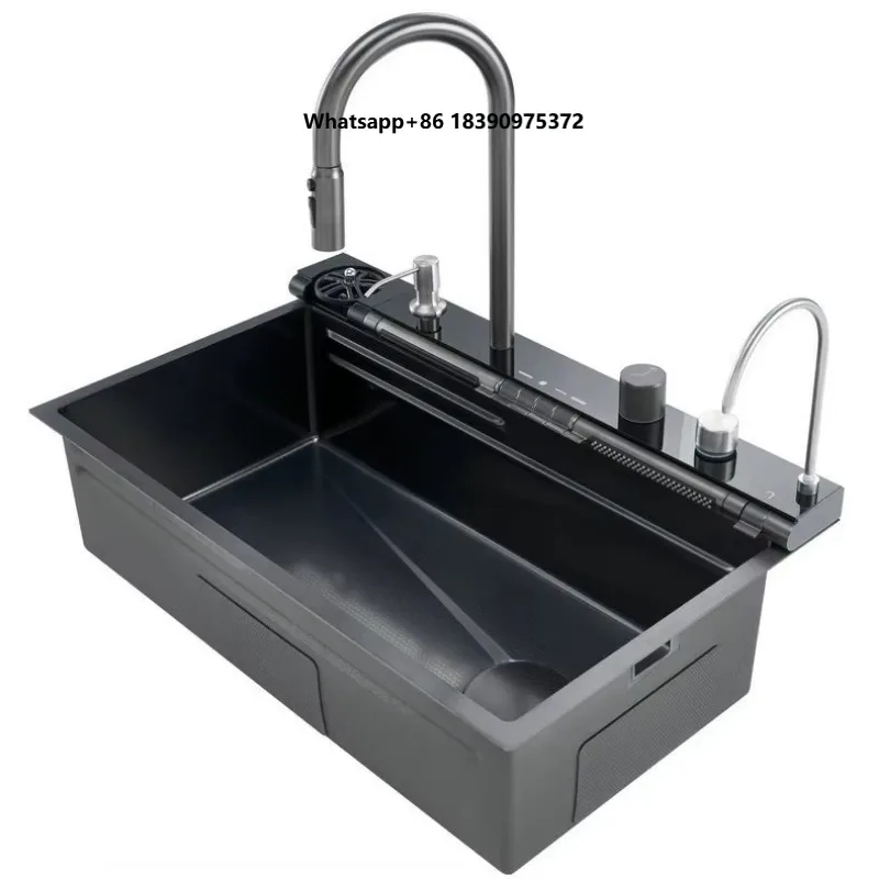 Large Square Stainless Steel Sink Digital Display Piano Key Honeycomb Embossed Multi-Functional  Faucet Single-Slot