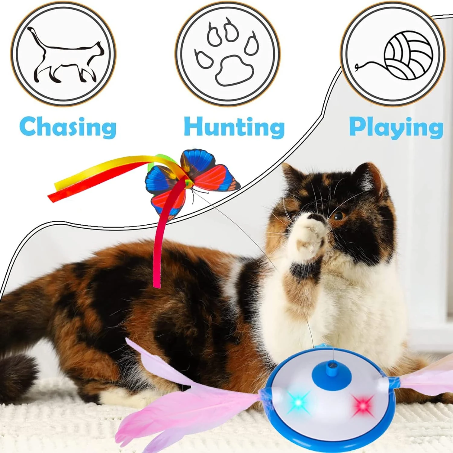 Smart Interactive Rechargeable Tumbler Cat Toy - Keep Indoor Cats Entertained! Automatic Sensing Teaser Toy with 6 Exciting Atta