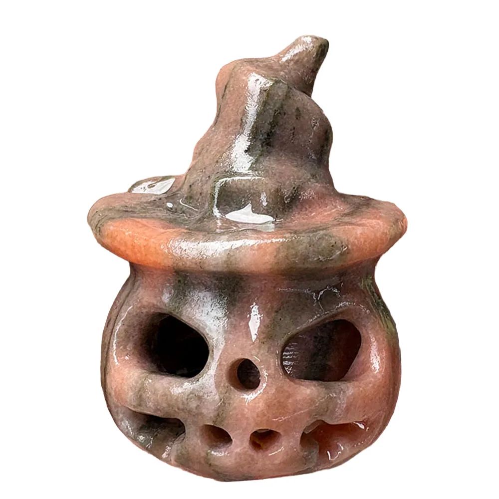 Custom 8cm Sunstone Pumpkin Crystal Carving - Handcrafted Healing Gemstone Witch Hat Figurine for Home Decor