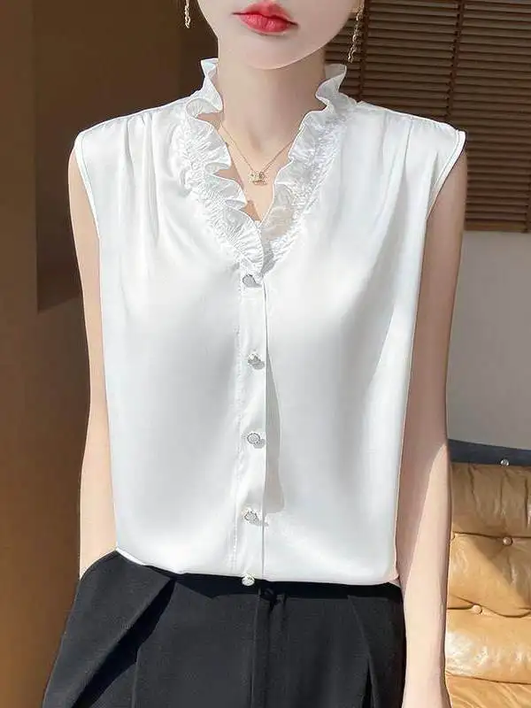 

Pure Color Acetate Satin V-neck Lace Trim Sleeveless Shirt Top Small Fragrance Style White Blouse Lace Vest Luxury Fashion