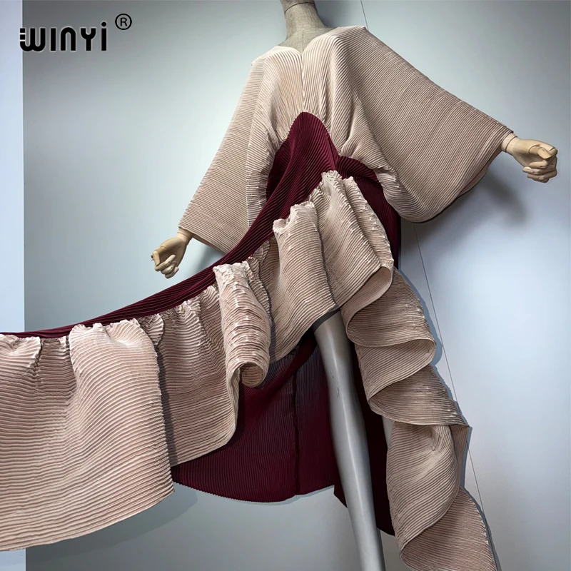 WINYI New Pleated Slim High-Fork Dress for Women Fashion Beach Cover-Up Muslim Kaftan Abaya Dubai Luxury Long Evening Gown