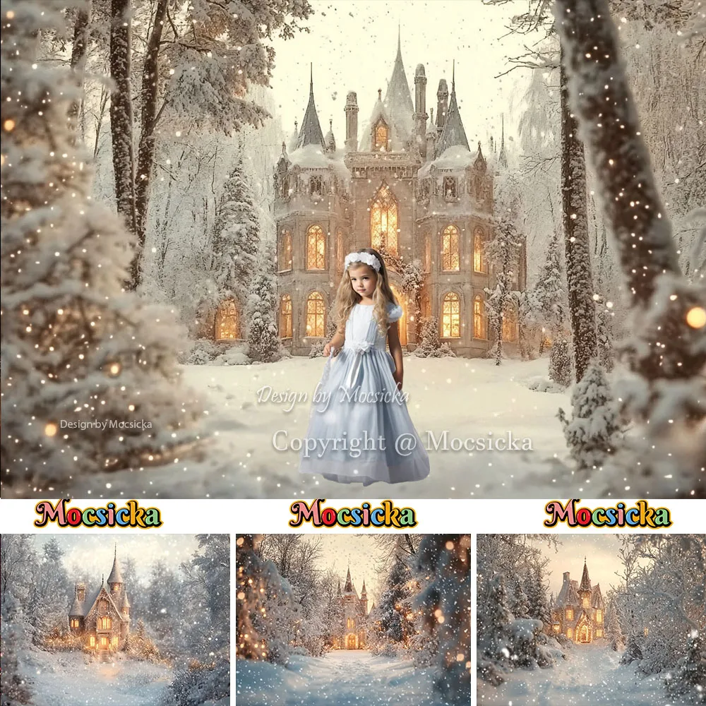 Mocsicka Winter Frozen Castle Background for Girls Christmas Photography White Snowy Forest Backdrop Kids Birthday Photo Studio