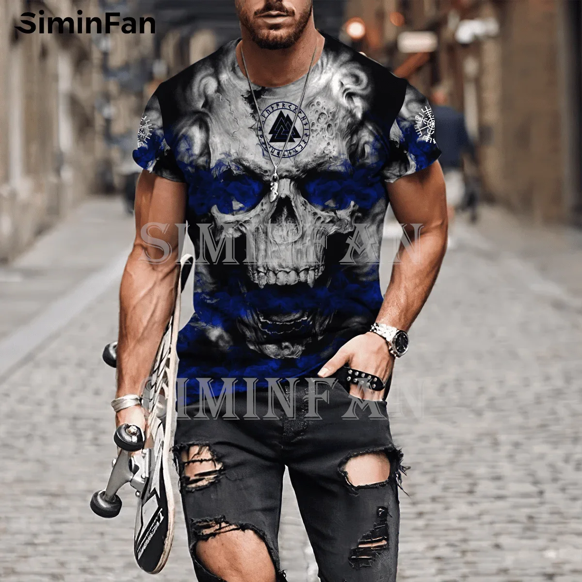 T-shirt à manches courtes pour homme et femme, estival et décontracté, à la mode, avec tête de mort et tatouage en 3D, Harajuku