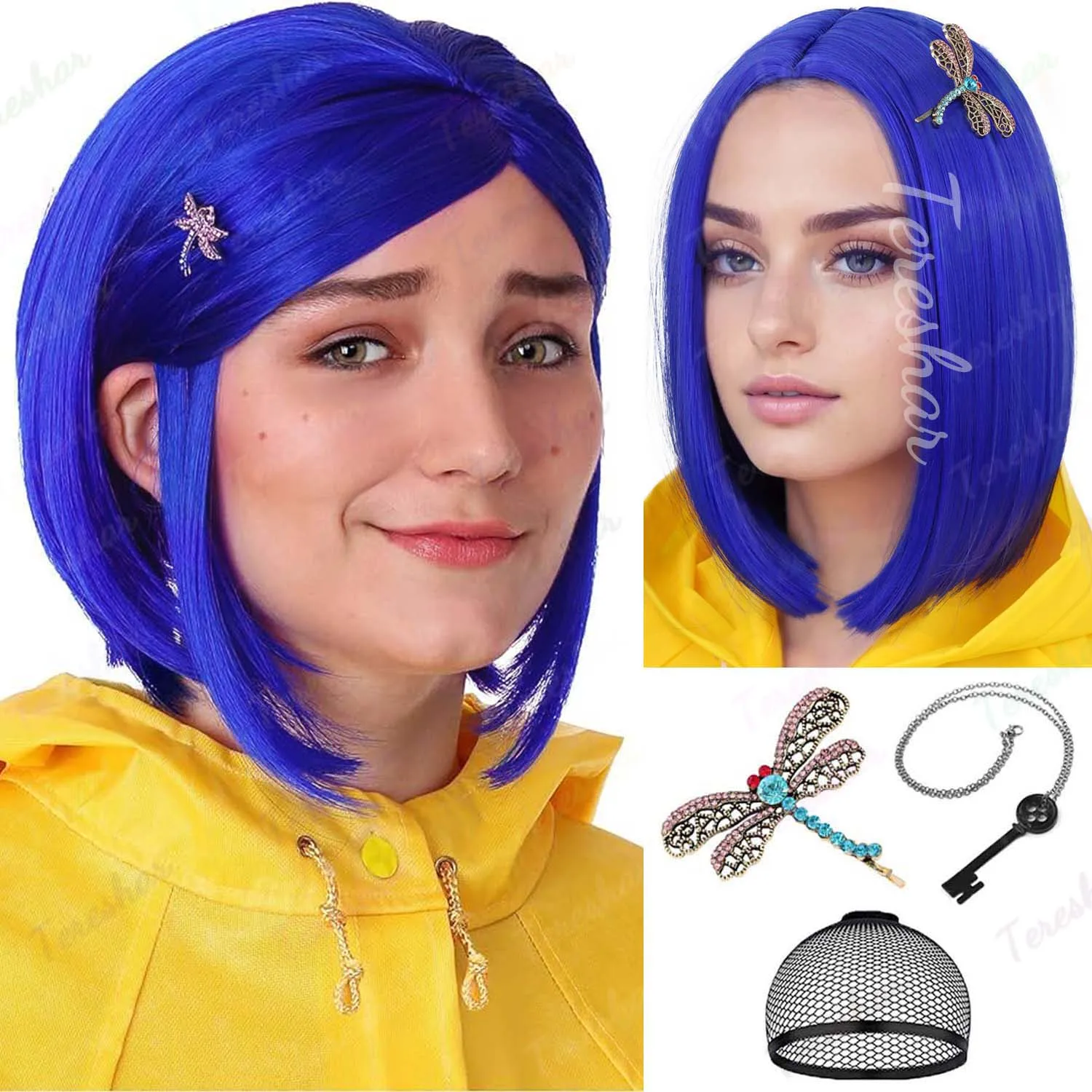 Synthetic Dark Blue Bob Wig with Hairpin+Necklace Wig,for Women Short Straight Coraline Costume Wigs for Cosplay Party Halloween