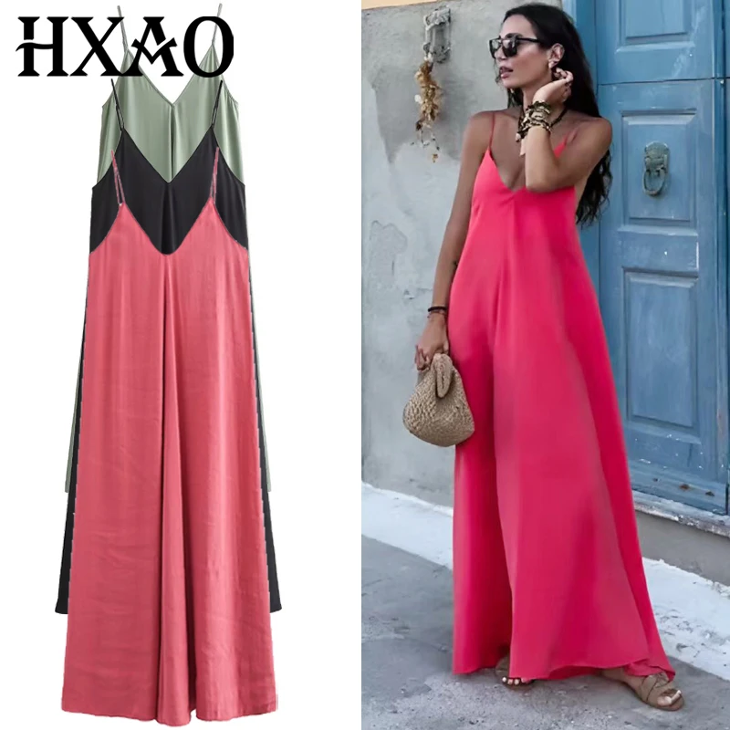 HXAO 2025 Womens Dresses Slip Long Dresses Elegant Green Red Black Dress V-Neck Sleeveless Backless Vestido Casual Women's Dress