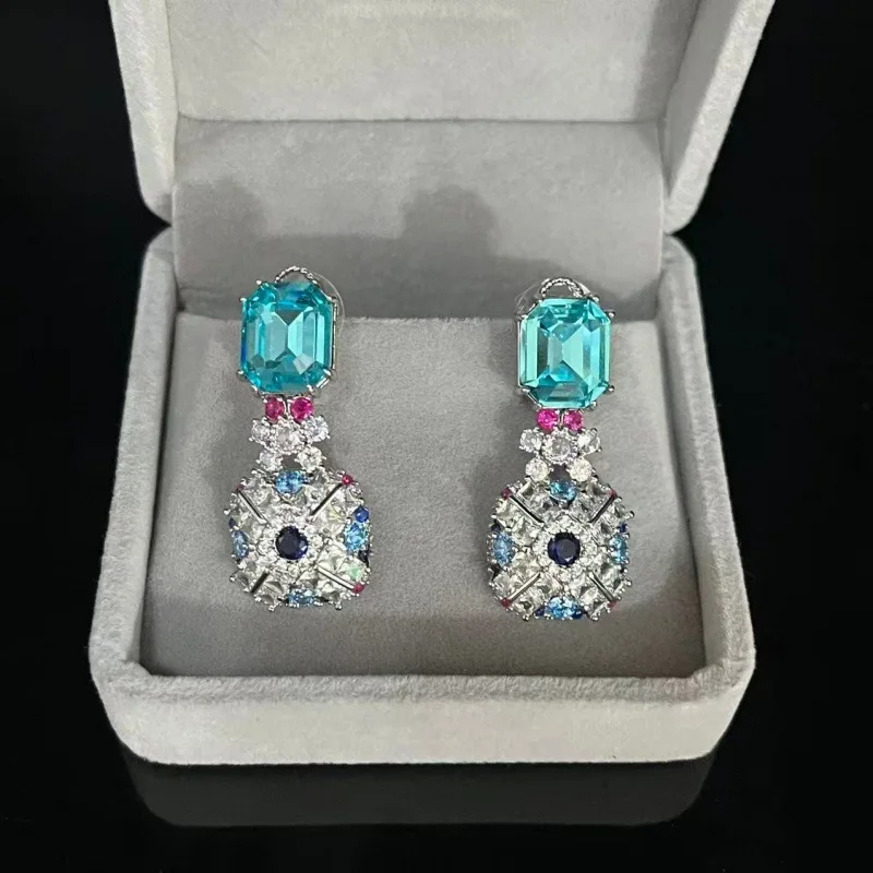 Retro Colorful Zircon Stud Earrings, S925 Silver Vintage Niche Sapphire Style Jewelry for Women