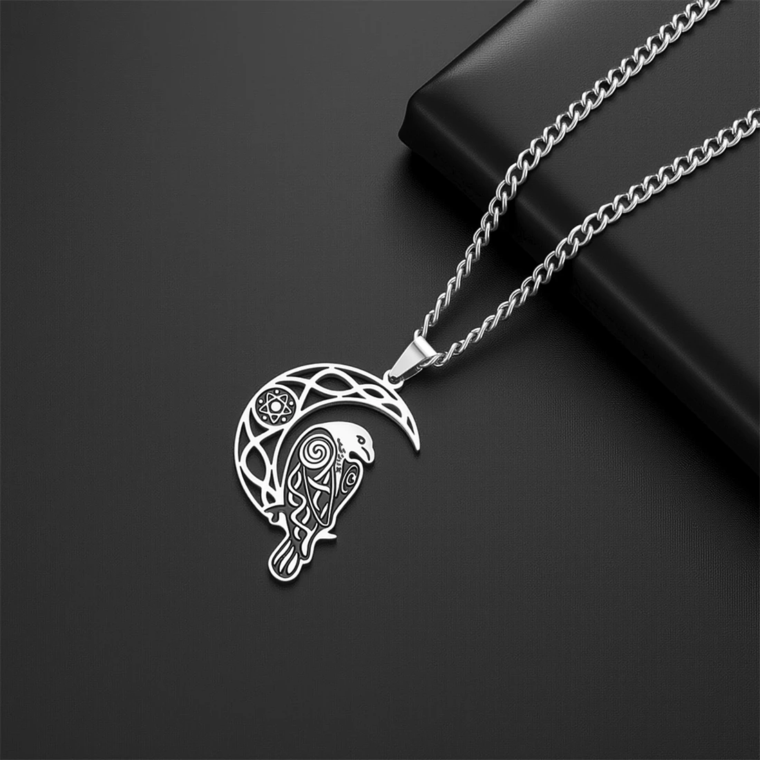 Celtic Crescent Crow Bird Nordic Viking Pentagram Stainless Steel Necklace for Men and Women Witchcraft Accessories Gift