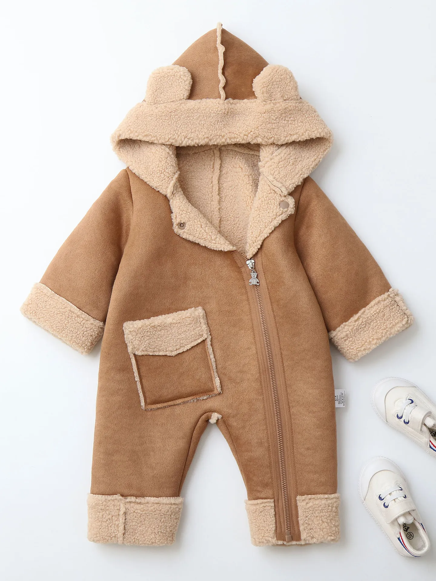 0-2Y Winter Baby Boys Clothes Fur Hoodie Girls Jumpsuits Fleece Lining Baby Rompers Windy Break Infant Outfit