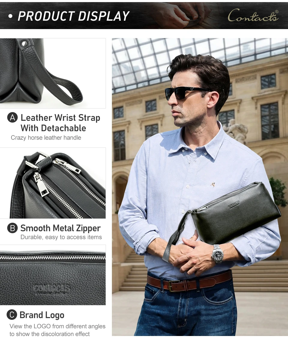 CONTACT'S Vollnarbenleder Herren-Handgelenktasche mit Doppelreißverschluss, Reise-Organizer, große Kapazität, handgefertigte Herrentasche – Detail 14