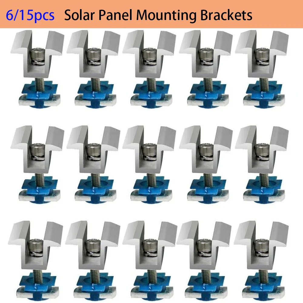 

6/15pcs Solar Panel Mounting Brackets Middle Clamp Solar Rail Middle Clamp Aluminum Solar Mid Clamps Adjustable Grounding Clamp