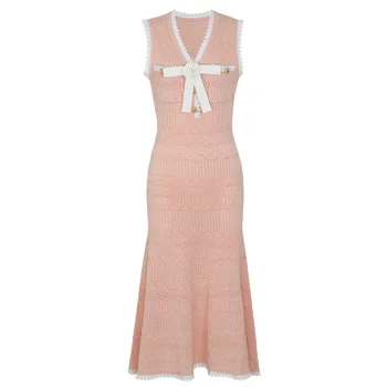 ZJYT Summer Elegant Knitted Dresses for Woman 2026 Fashion New Sleeveless Bowknot Midi Casual Party Dress Pink White Vestidos 5