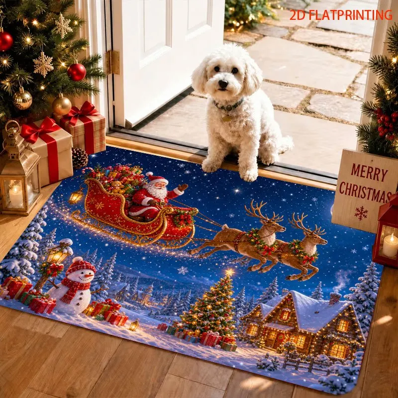 Dark Green White Pine Tree Merry Christmas Script Snowy Night Pattern Durable Washable Floor Carpet For Contemporary Winter