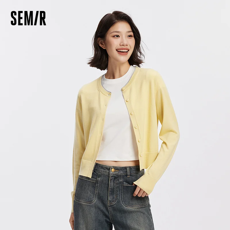 Semir Women Cardigan Short Contrast Crew Neck Faux Two Piece Wool Blend Soft Elegant Autumn Knitwear Daily Wear 2026