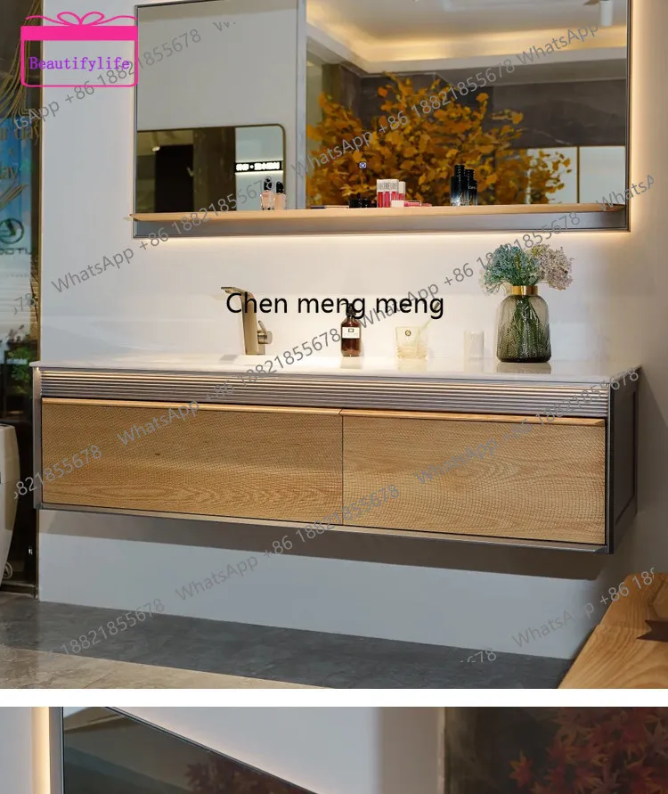 

YL Solid wood bathroom cabinet combination marble countertop seamless ceramic basin Japanese log wind washstand