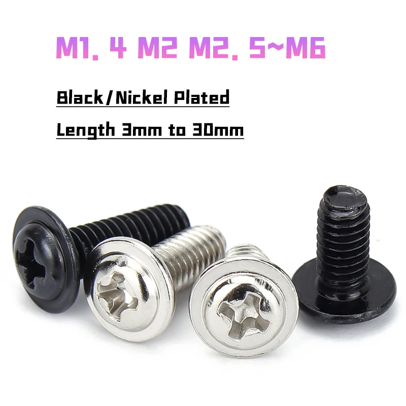 M1.4 M1.7 M2 M2.5 M3 M3.5 M4 Black/Nickel Plated Button Head With Washer Phillips Screws Pan Head Phillips Slot Allen Bolt