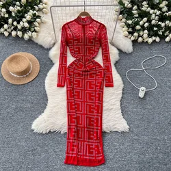 Chic Women Two-Piece Sets Vintage Rhinestone Chic Half High Collar Dresses Straps Mesh Dress Korean High Street Autumn Clothing