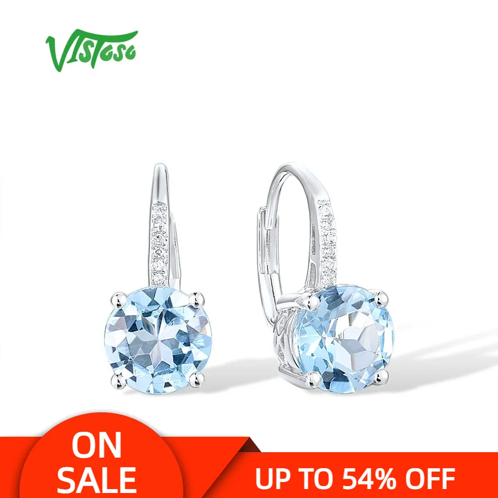 

VISTOSO Genuine 14K 585 White Gold Earrings For Lady Sparkling Sky Blue Topaz Diamond Charming Lover Gifts Party Fine Jewelry