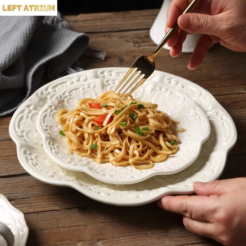 Court Style Relief Ceramic Plate Steak Plate Dessert Dish Thick Soup Plate Salad Plates Ramen Bowl Soup Bowl Vintage Tableware