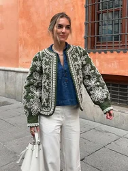 Abrigos recortados de algodón con cuello redondo para mujer, chaquetas cortas con estampado Vintage, Mangas de linterna completas, ropa de calle elegante para mujer, Otoño e Invierno