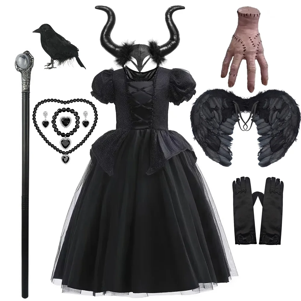 Maleficent Kostüm Kind Mädchen Schwarzes Kleid Hexe Halloween Kostüm Kleid Karneval Pailletten Böse Königin Dress Up Geist Cosplay