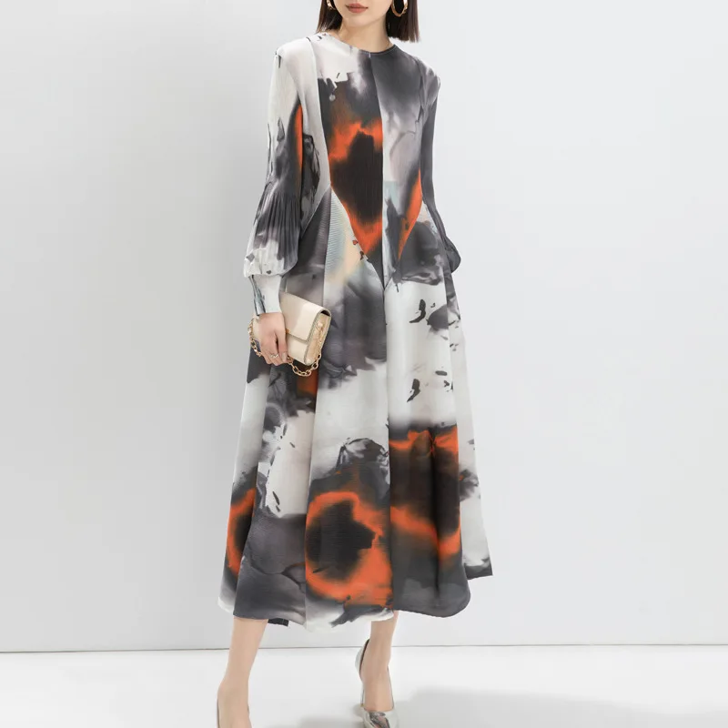 Miyake Dress for Women Autumn 2024 Fashionable Temperament Printed Lantern Sleeves Loose Semi High Neck Long Dress Versatile