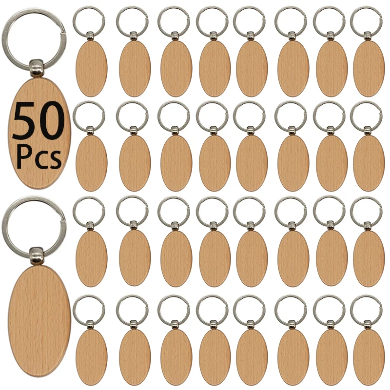 

50Pcs Wooden Keychains Blank Wood Key Chain Unfinished Wooden Key Ring Key Tags DIY Keychain