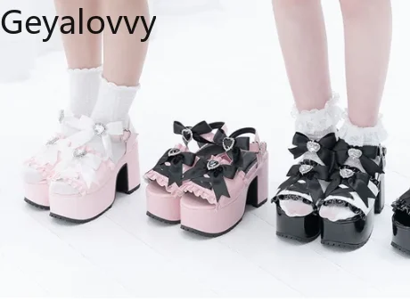 

Japanese Women Shoes Rhinestone Bow Platform Thick Sole Shoes Lolita Mass-Produced Sweet Cute Girls Versatile High Heel Sandals
