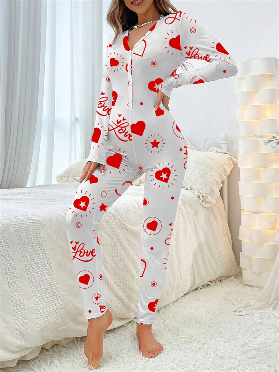 2024 Valentine\'s Day Sleepwear Jumpsuit Long Sleeve Butt Flap Romper Women V-neck Heart Letters Print 1 Piece Lounge Nightwear