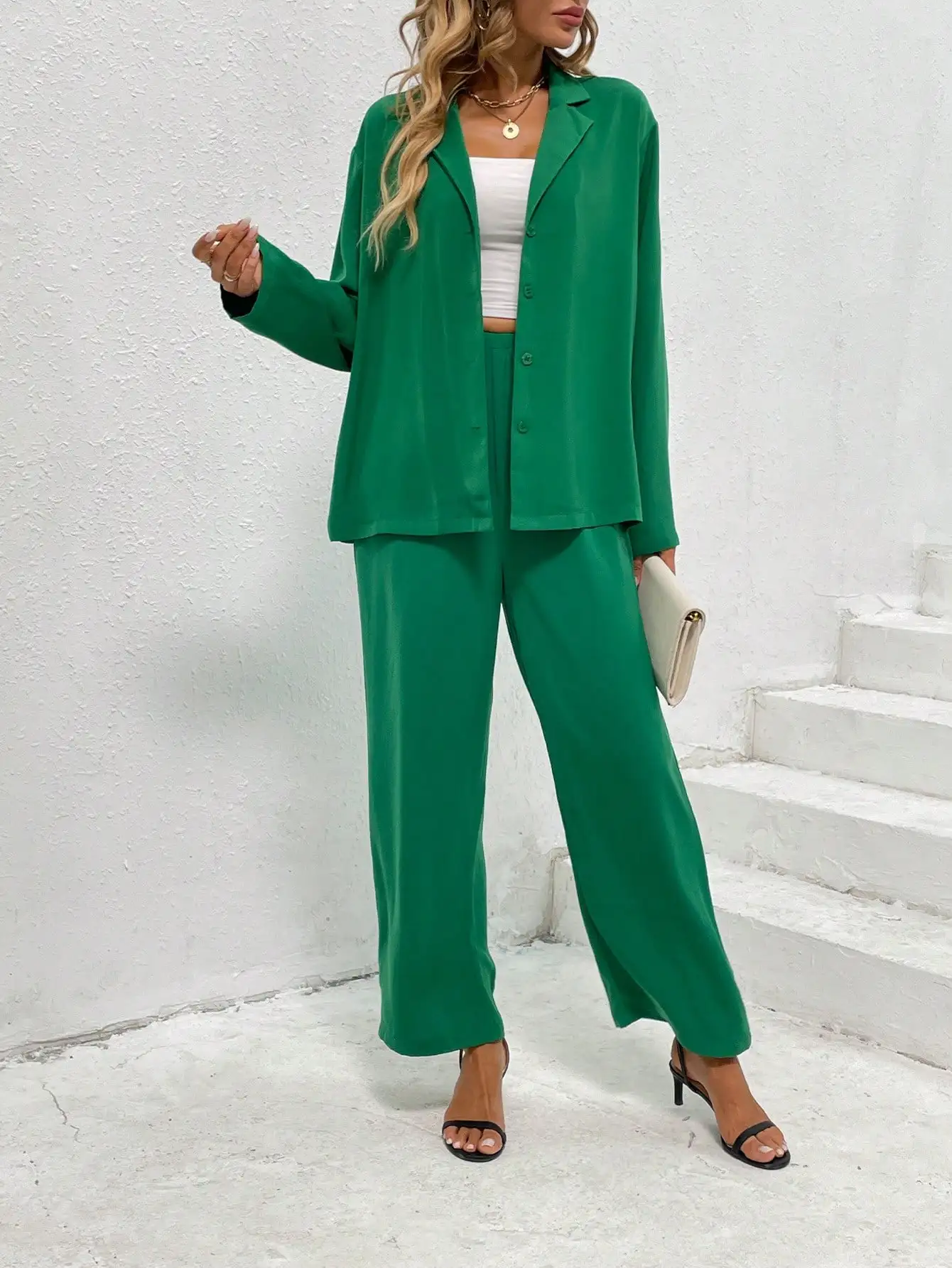 2024 Women Pants Set Notched Collar Shirts and High Waist Pants Tracksuits Streetwear