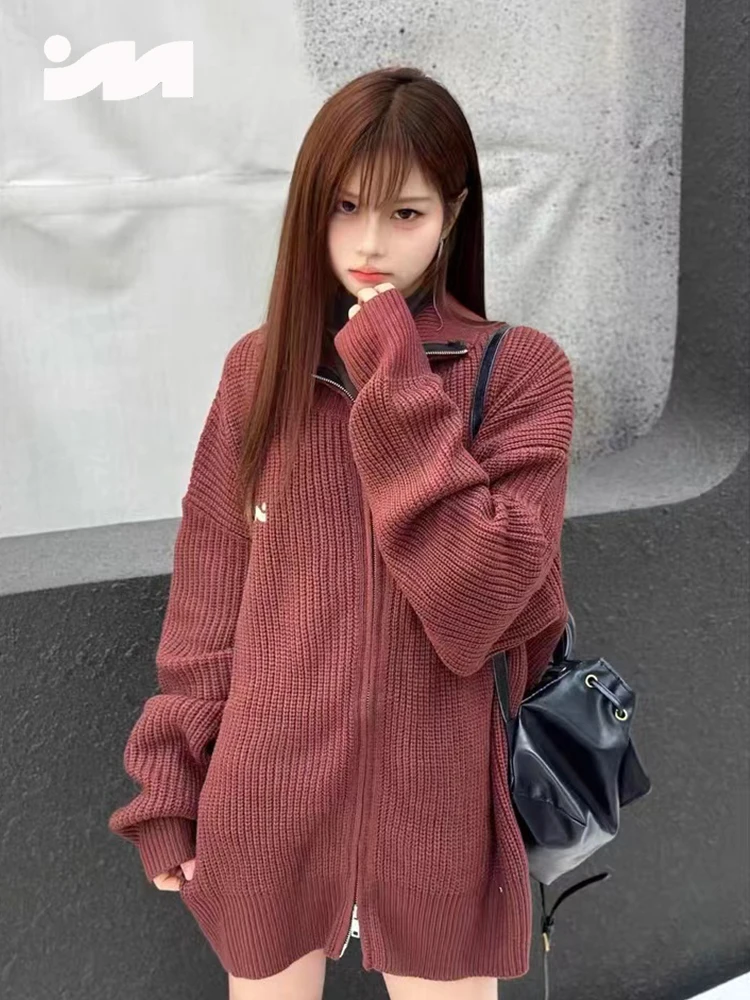 2024 New Ins Autumn and Winter Korean Style Knitted Double Zipper Cardigan Turtleneck Coat Solid Color Commuter Sweater Top