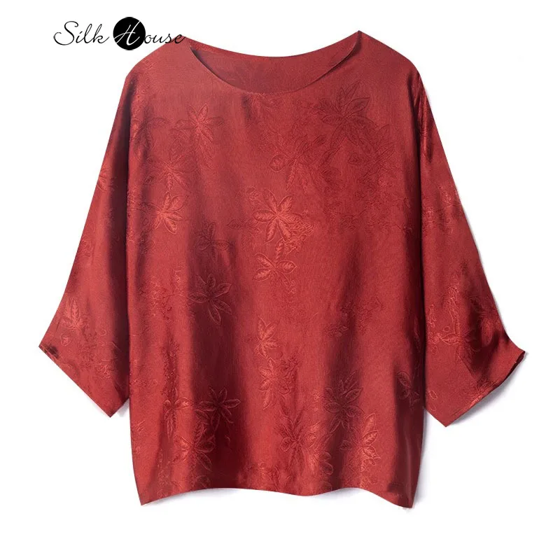 

Red Frost Leaf Women's Casual Summer New Versatile 100% Natural Mulberry Silk Jacquard Satin Dropped Shoulder Sleeve T-shirt
