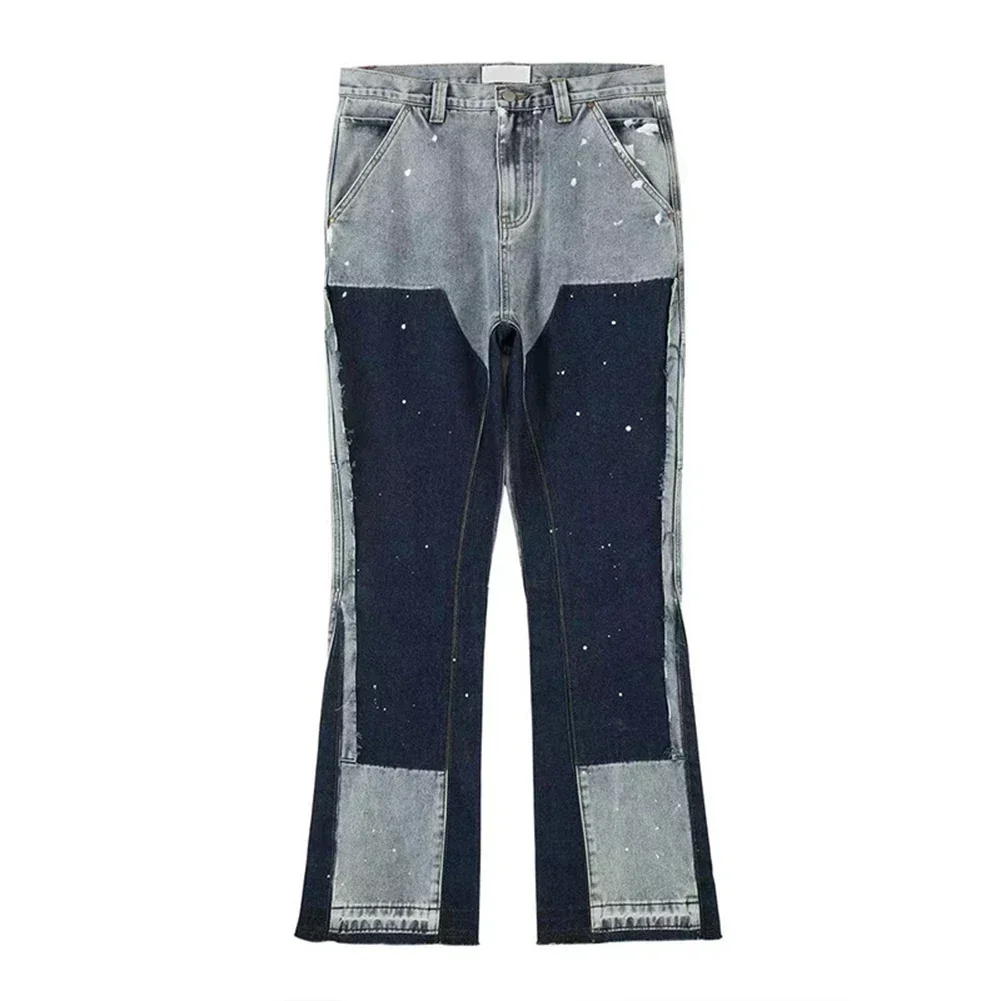 Cotton Pants Pants Male Men Patchwork Fringe Regular Slight Stretch Speckled Ink Color Speckled Ink Color Match