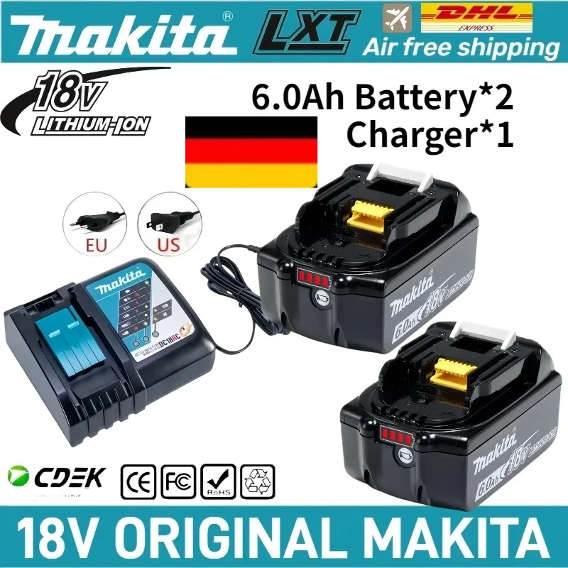 Batterie lithium-ion Makita 6.0Ah d'origine pouvant remplacer les BL1815N, BL1820B, BL1830B, BL1850B, BL1860B, LXT400 pour les outils électriques Makita.