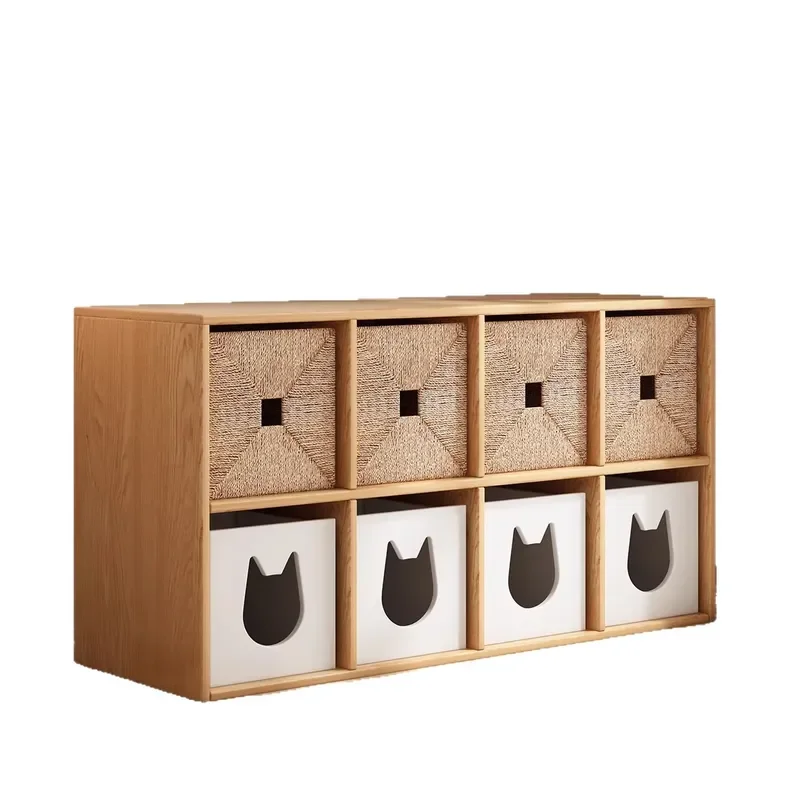 Rustic Wood Bookcase Side Cabinet Large Capacity Grid Storage Unit Simple Floor Locker for Home Living Room Organization