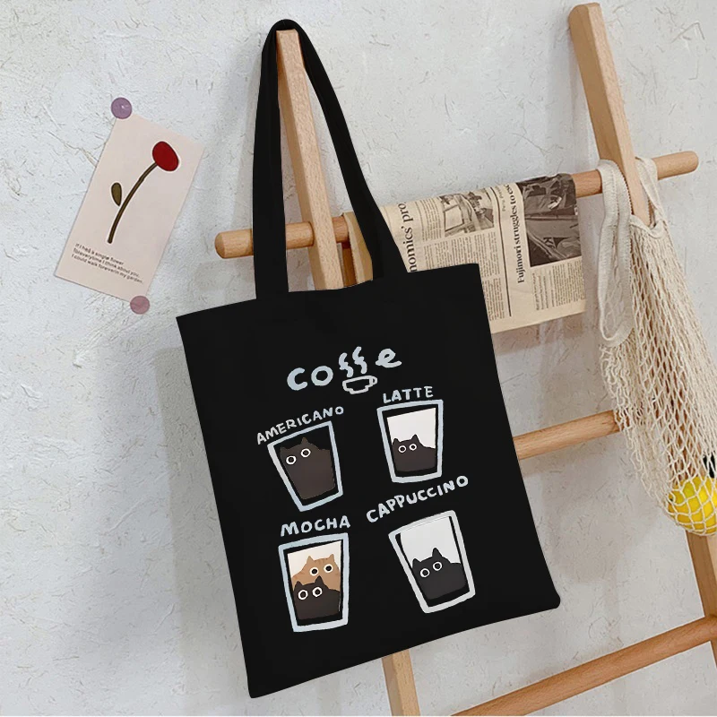 Cat And Coffee Americano Latte Mocha Cappuccino Print Women's Handbags Vintage Cartoon Animal Tote Bags Canvas Shopping Bags