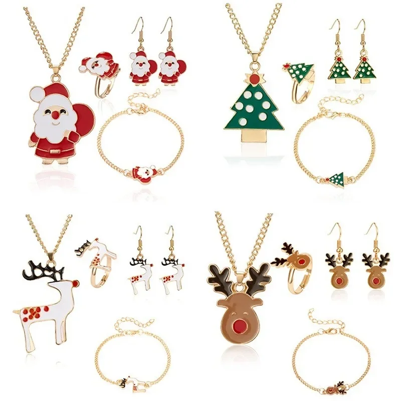 5PCS/Set Christmas Women Alloy Jewelry Set Santa Elk Bell Earrings Necklace Bracelet Decor Xmas Accessories Gift for Girl Women