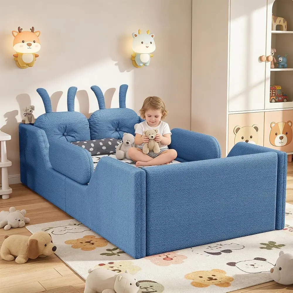 

Twin Size Upholstered Platform Bed with Removable Rails, Suitable for Kids, Blue