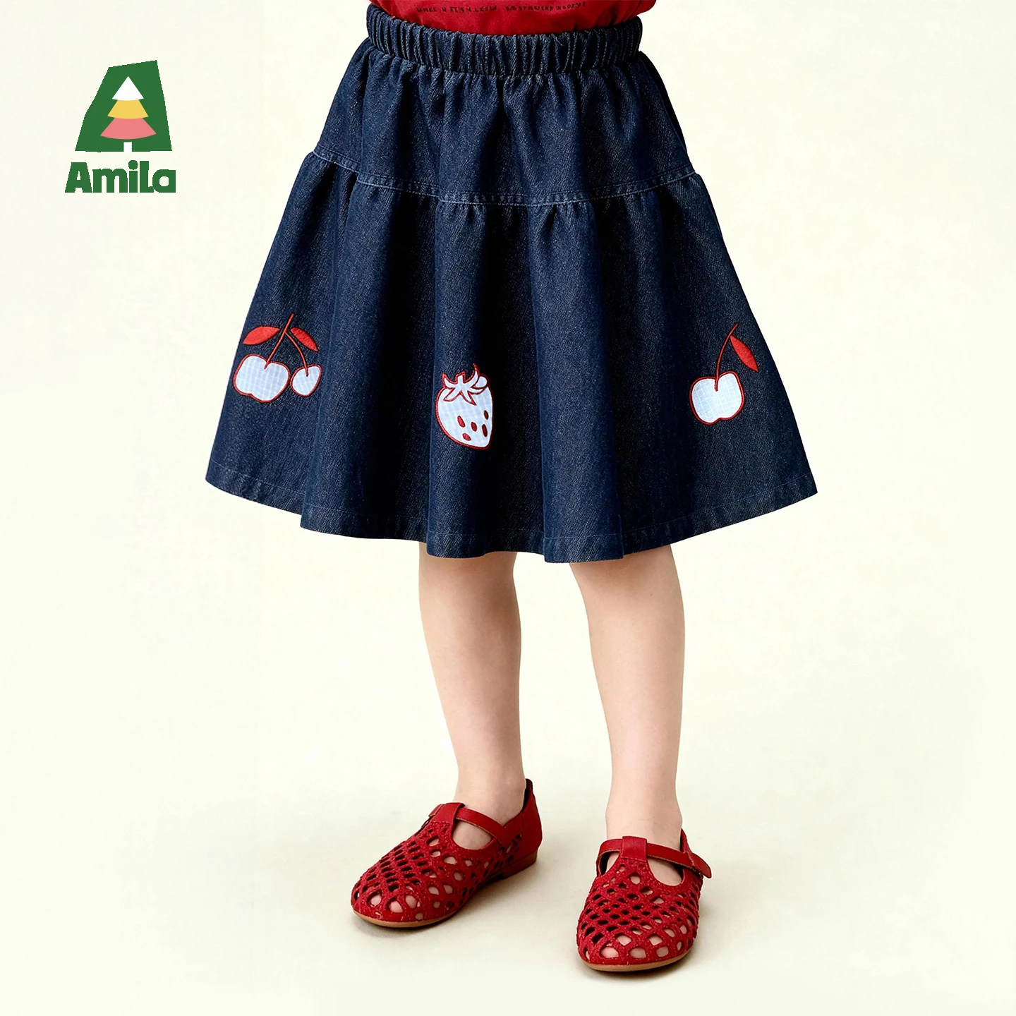 Amila 2026 Summer New Girls' Cowboy Half Skirt Fruit Embroidery Solid Color Sweet Fashion Daily Gentle Short Skirt