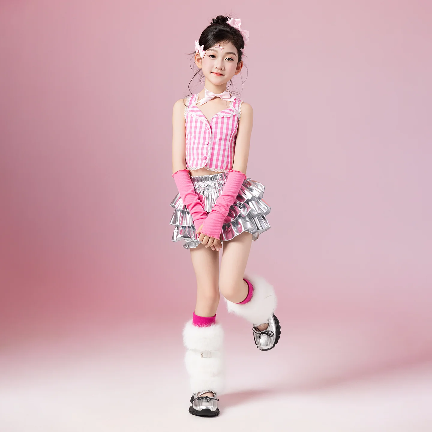 Jazz Outfit Ragazze Kpop Dance Stage Wear Modello Show Performance Suit Canotta rosa Gonna torta nera Abbigliamento da ballo jazz per bambini 3729