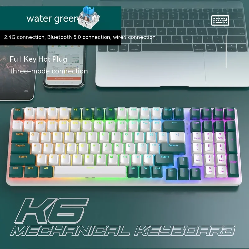 K6 Mechanical Keyboard Bluetooth Wireless 100 Keys Three-mode Waterproof Mechanical Touch Keyboard Game Hot Swap Key Non Impulse