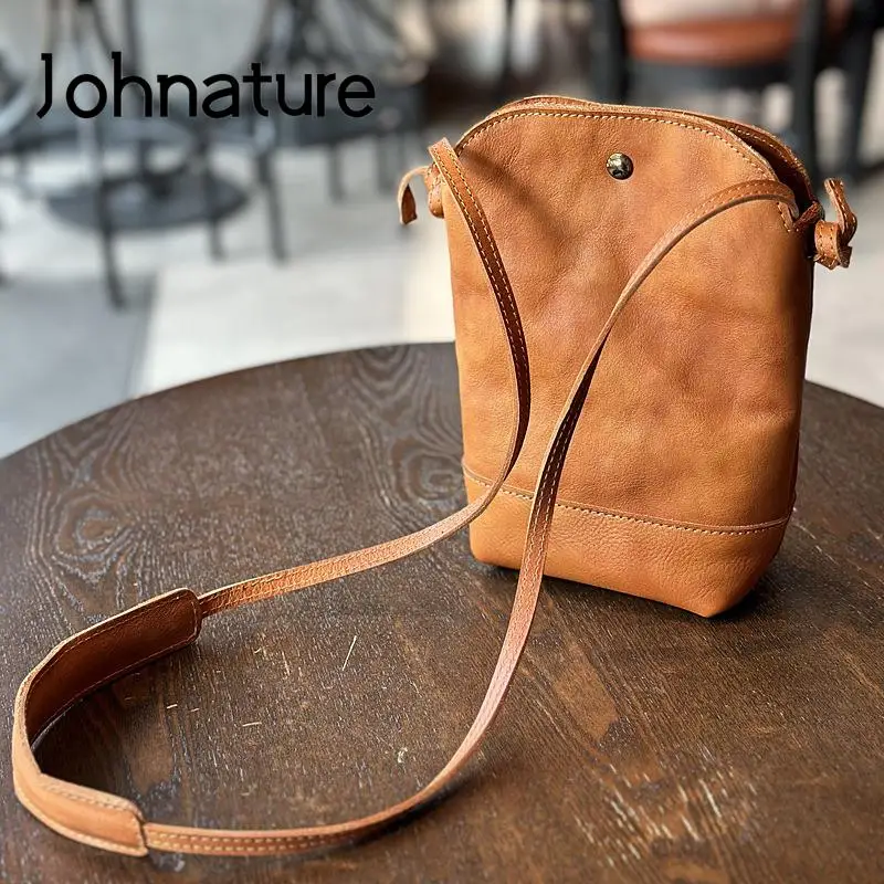 Johnature Leisure Women Bag 2024 New Genuine Leather Mobile Phone Small Shoulder Bags Simple Soft Cowhide Messenger Bag