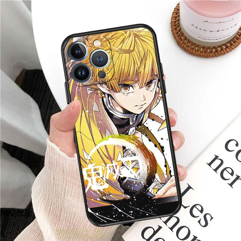 Zachte Telefoon Hoesjes Voor Iphone 16 15 14 13 12 11 Pro Xs Max Mini Xr 7 8 Plus 16pro Agatsuma Zenitsu Demon Slayer Zwart Mat Hoesje