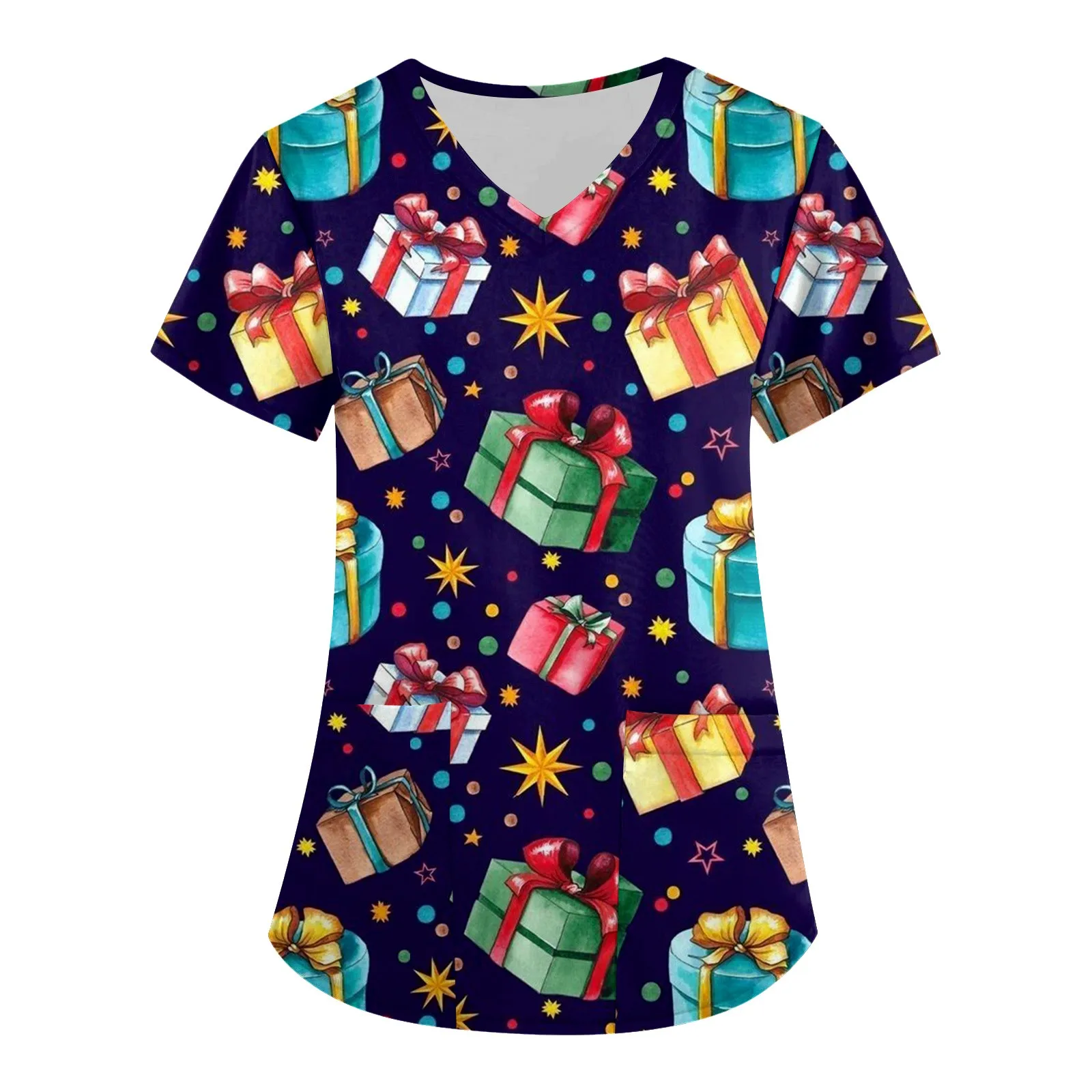 Christmas V-neck Pocket Nursing Scrubs T-shirt Scrubs Uniforms Women Clothing Plus Size Tops Short Sleeve Santa Claus Tops Xmas