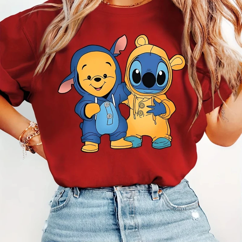 

Disney Women Men Short Sleeved Cute Cartoon T-shirt Winnie The Pooh and Stitch Printed Round Neck T-shirts Hot-selling Tops