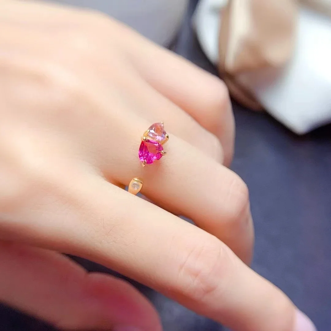 Romantic Heart Gemstone Ring for Party VVS Grade Natural Pink Topaz and Tourmaline Jewelry  Brithday Gift for Girlfriend