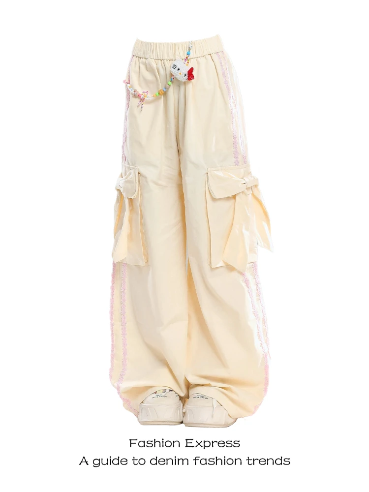

Women's Apricot Bow Multi-Pocket Lace Elastic Waist Casual Pants Y2k Cute Harajuku Style Street Pants 2000s Wide Leg Loose Pants